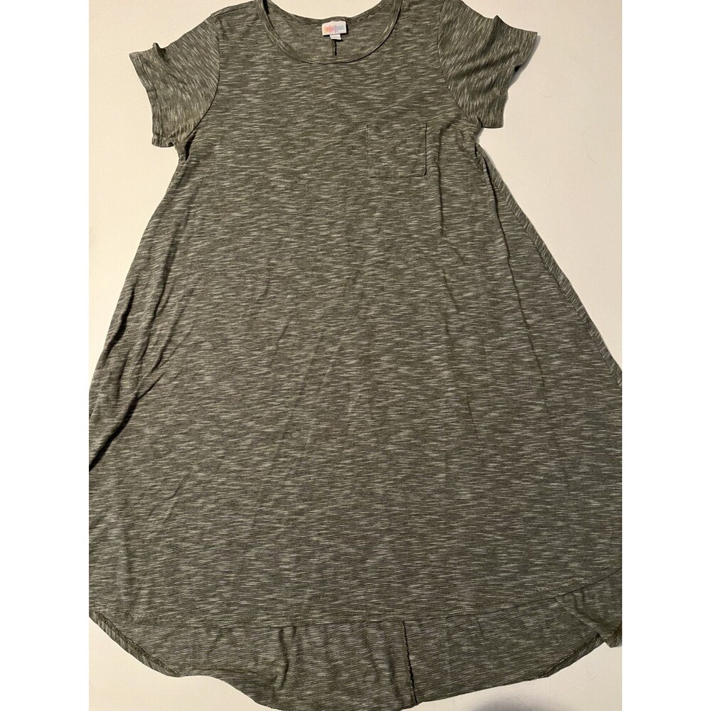 LuLaRoe Carly Dress Large Heathered Green White Stripe High Low TShirt Swing GUC